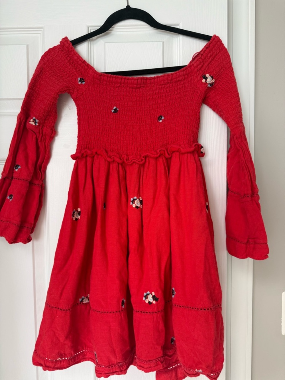 Free People Red Smocked Off-Shoulder Mini Dress with Floral Embroidery